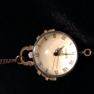 Antique Quartz Bubble Glass Versitale Clock with 2nd hand. Goldtone Chain